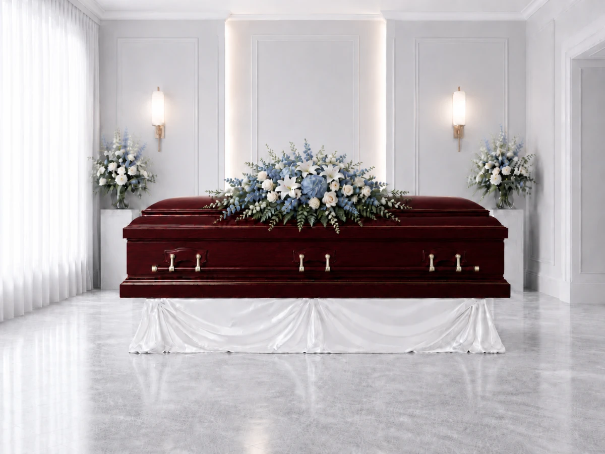 Polished funeral casket on display at Haven Casket and Monument's Toronto showroom