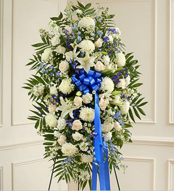 blue funeral flowers standing spray