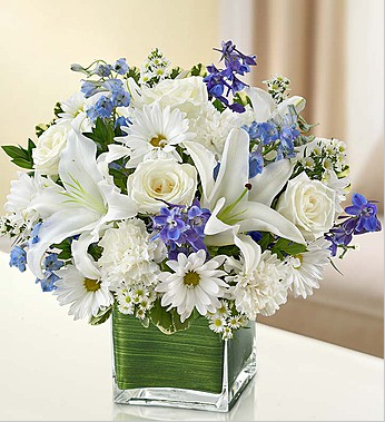 blue and white sympathy flower vase