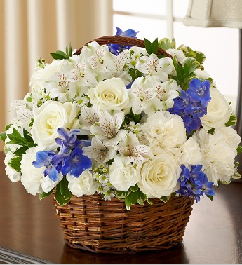 blue and white sympathy flower basket