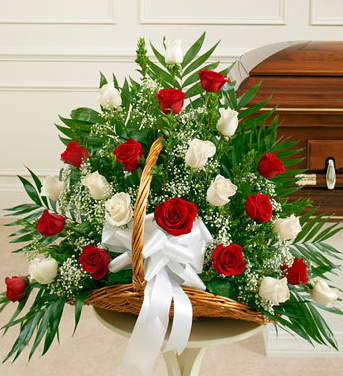 sympathy basket red flowers