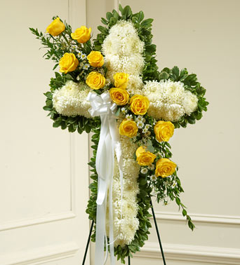 sympathy standing spray with yellow & white flowers