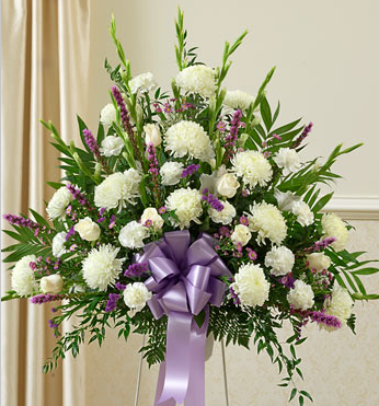 funeral standing basket in white and lavender flowers