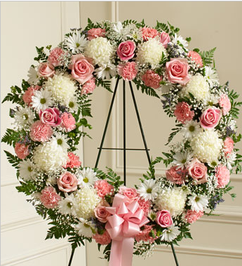 sympathy wreath in pink & white