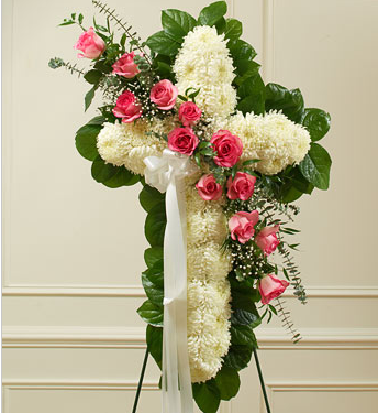Pink & white funeral holy cross spray