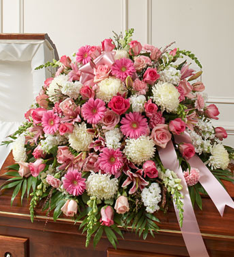 Pink white casket spray sympathy flowers