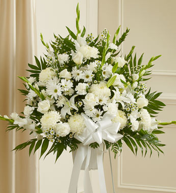 white sympathy flowers standing spray