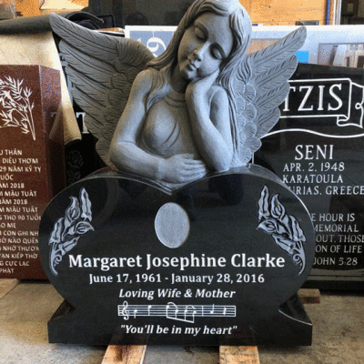 Angel Black Granite Heart Monument w Floral Carvings