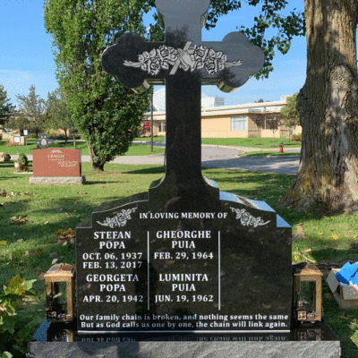 Black Granite Cross Monument w Floral Carvings