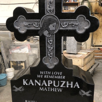 Galaxy Black Granite Cross with Custom Shape Carving Artwork