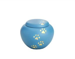 Blue metal pet urn with gold paw prints