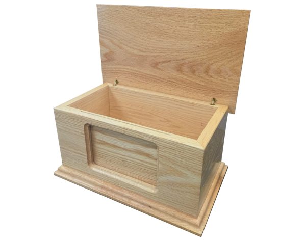 Personalized oak cremation urn with photo display slot