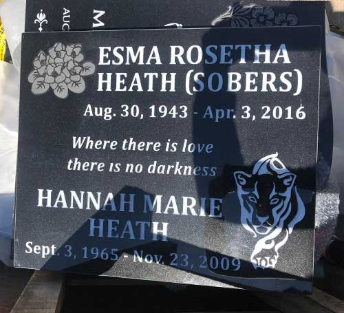 Black granite flat grave marker with a carved hydrangea and an engraved panther