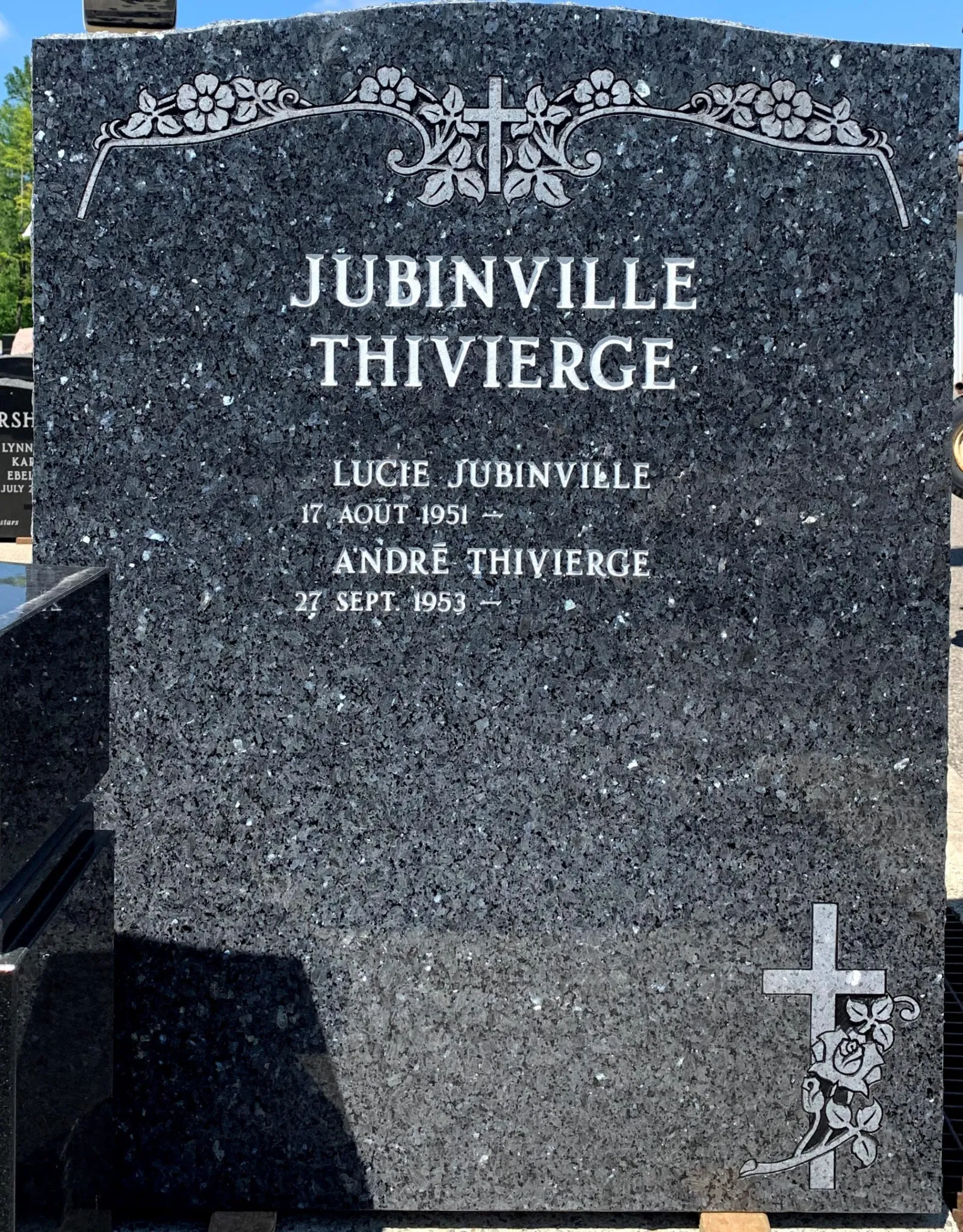 Blue Pearl Headstone with Floral Banner