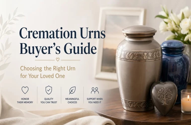 Cremation urns buyer’s guide banner featuring decorative memorial urns on a table with soft lighting and the text Choosing the Right Urn for Your Loved One