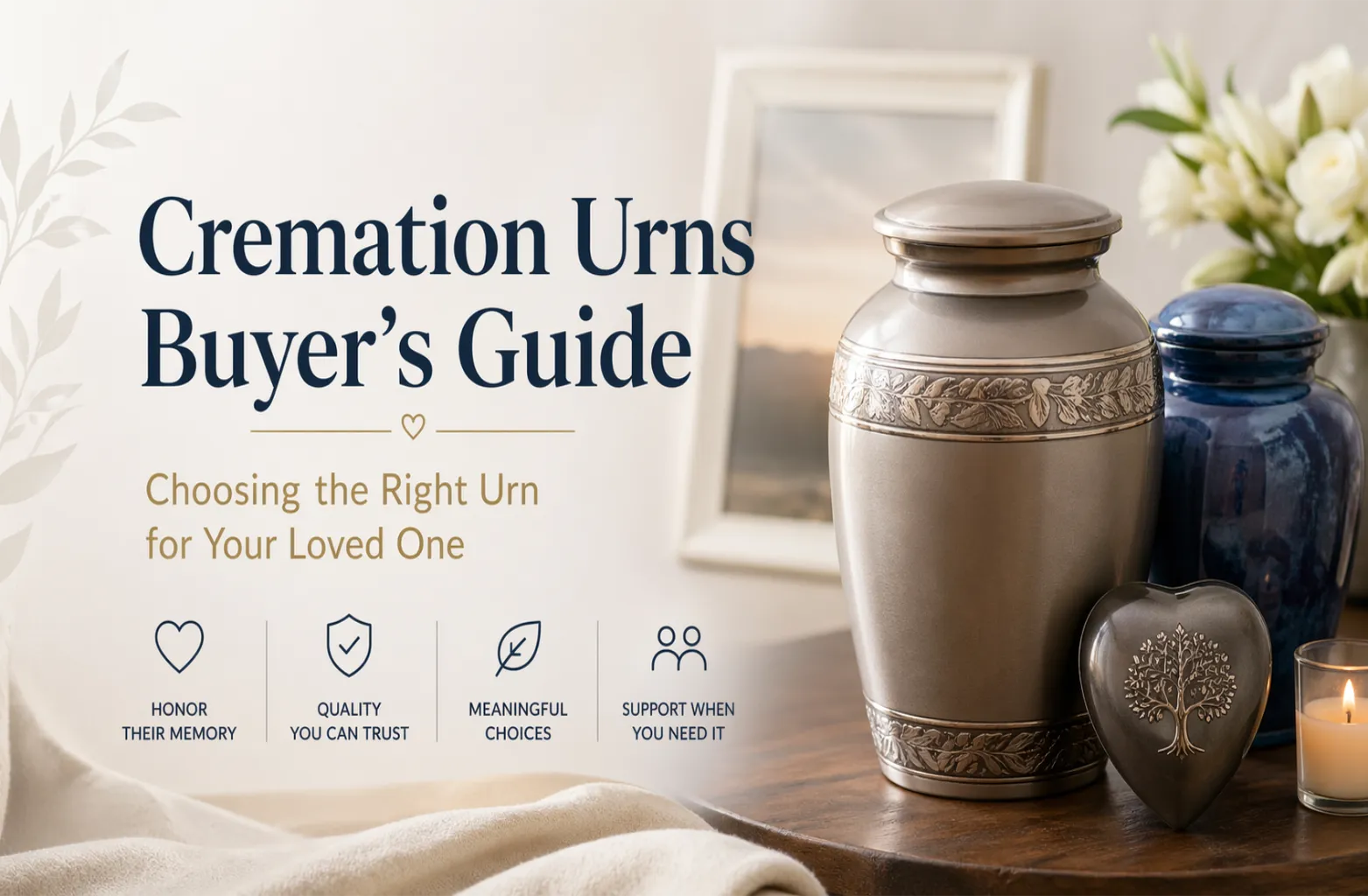 Cremation urns buyer’s guide banner featuring decorative memorial urns on a table with soft lighting and the text Choosing the Right Urn for Your Loved One