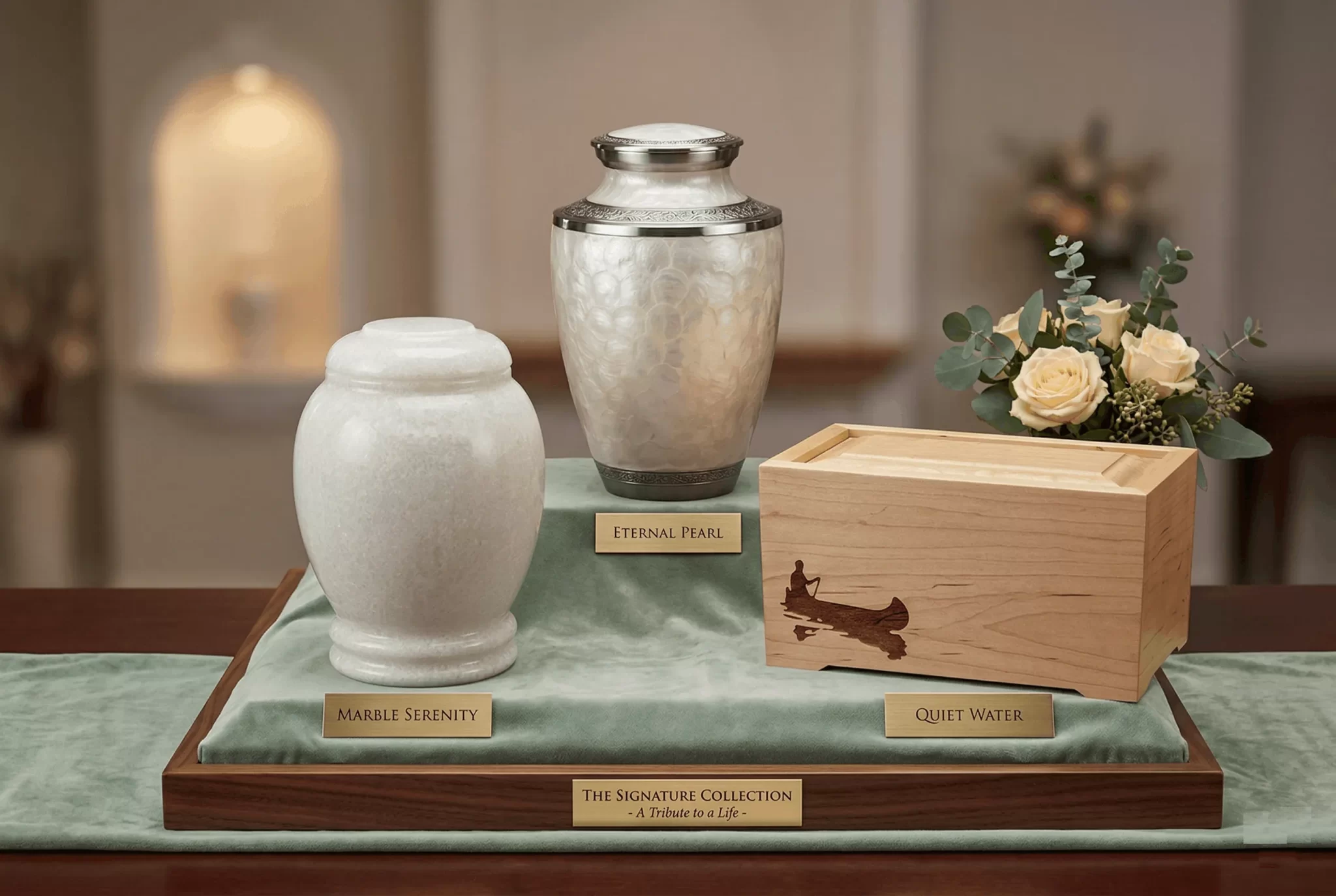 Elegant cremation urns with custom engraving, available at Haven Casket & Monument.