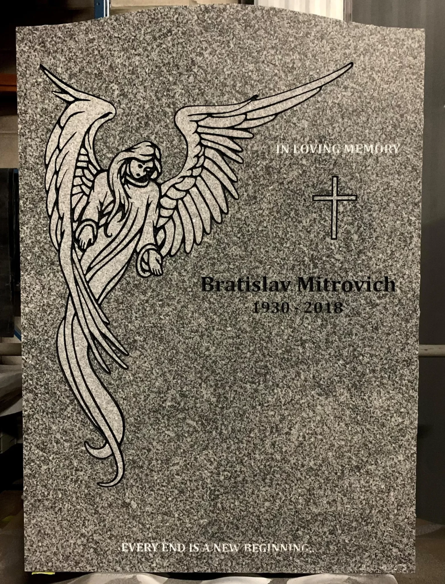 Light Grey Headstone with Angel Artwork