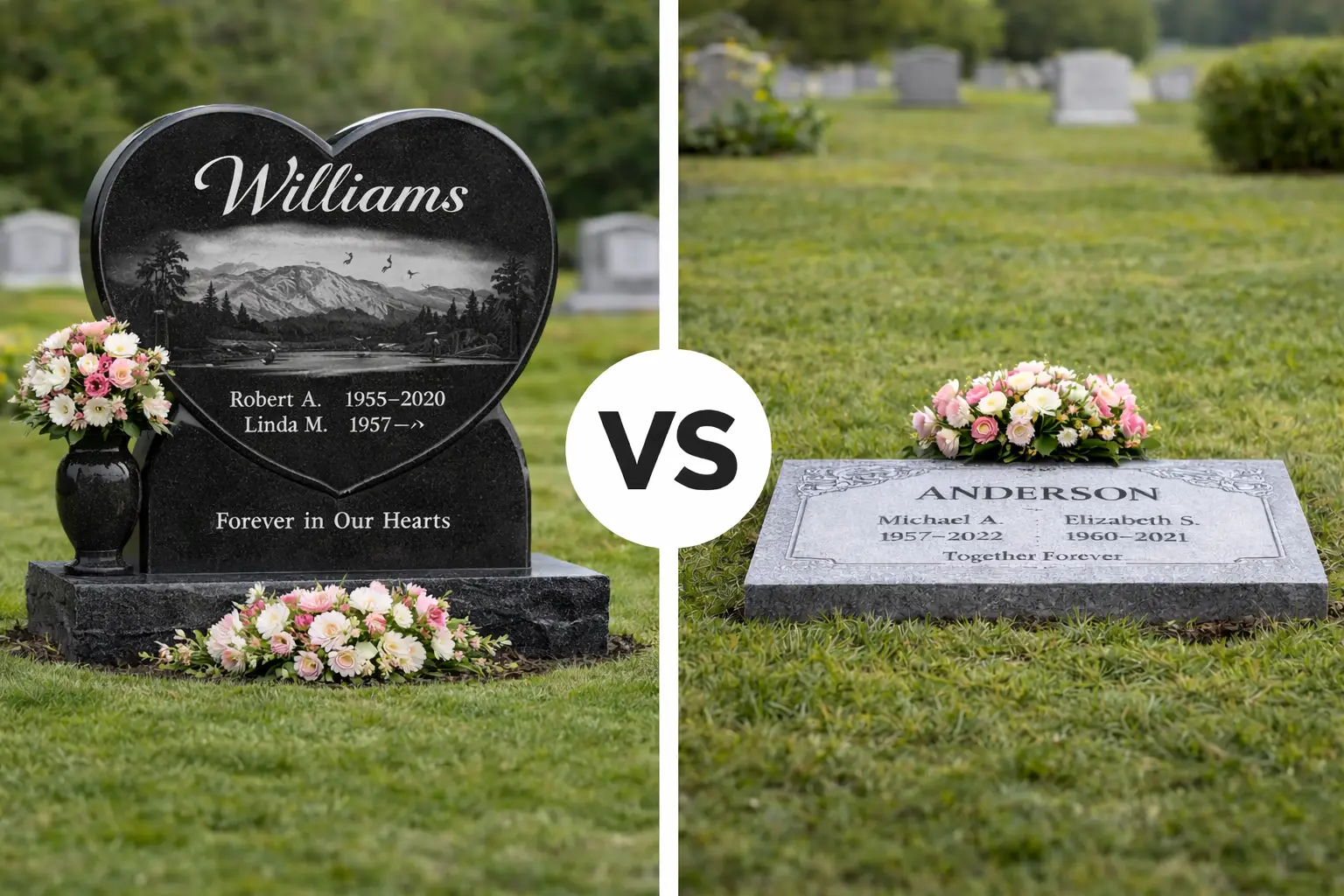 Comparison image of a custom upright headstone and a flat grave marker in a Toronto cemetery