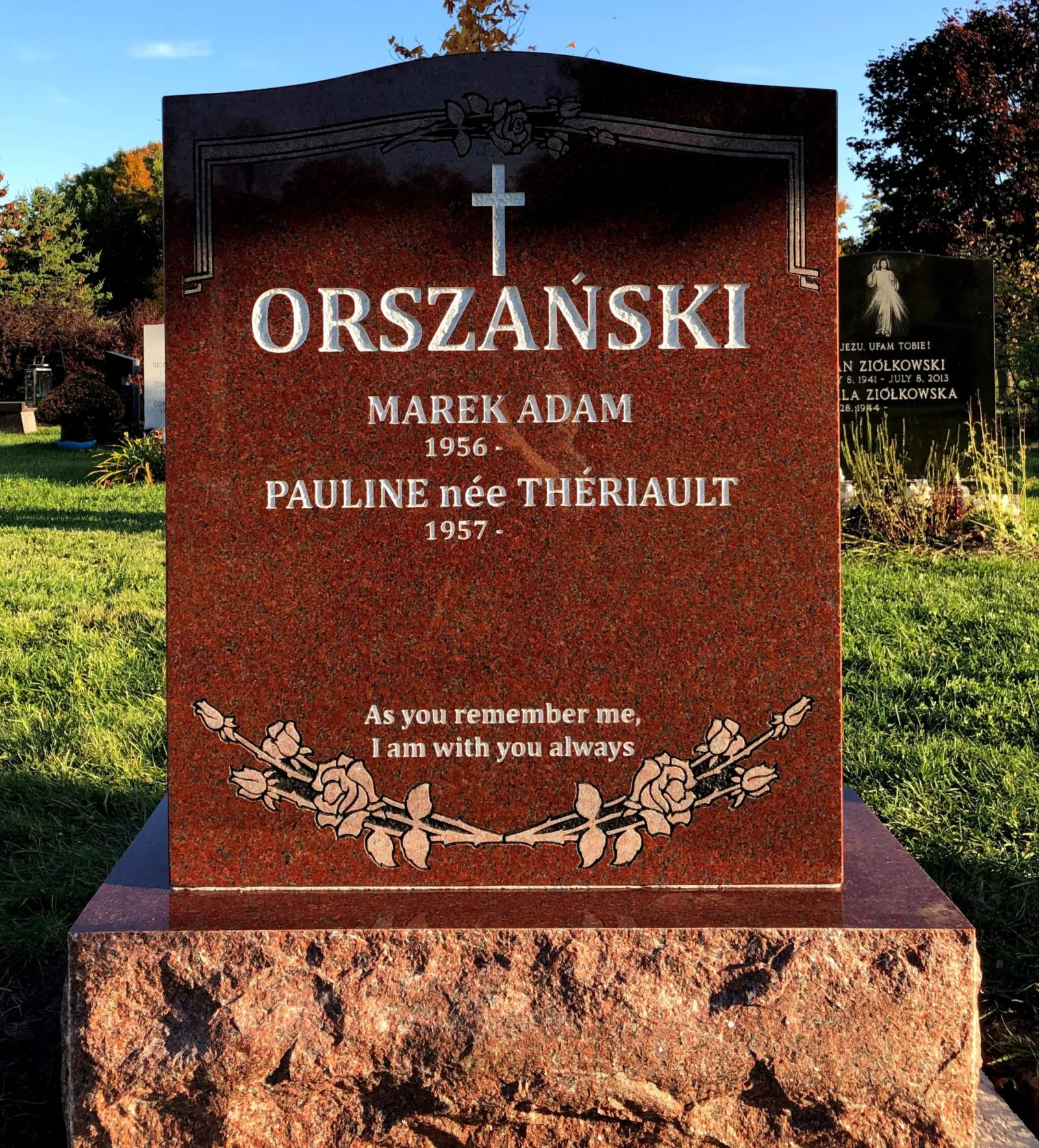 Indian Red Headstone with Floral Banner and Cross
