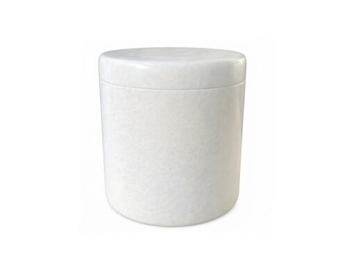 White cylindrical white marble urn with lid