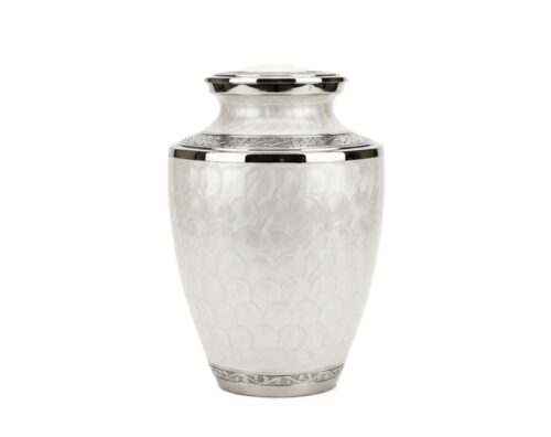 Elegant silver accents with a beautiful white pearl finish funeral urn