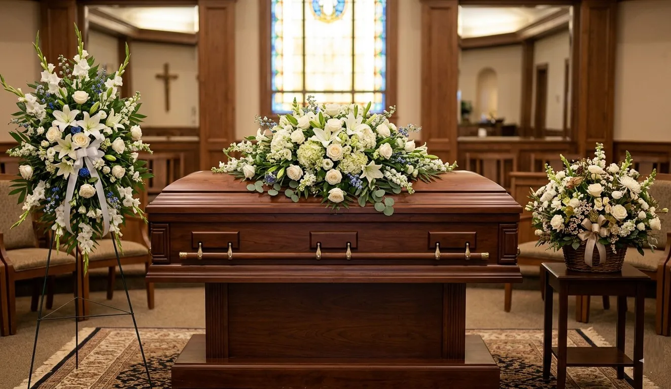 Sympathy flower on wood casket