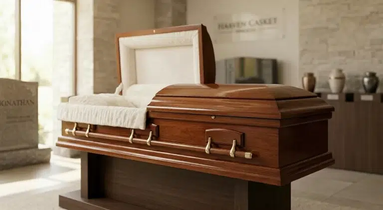 A premium polished solid wood casket with gold handles displayed in the Haven Casket Toronto showroom