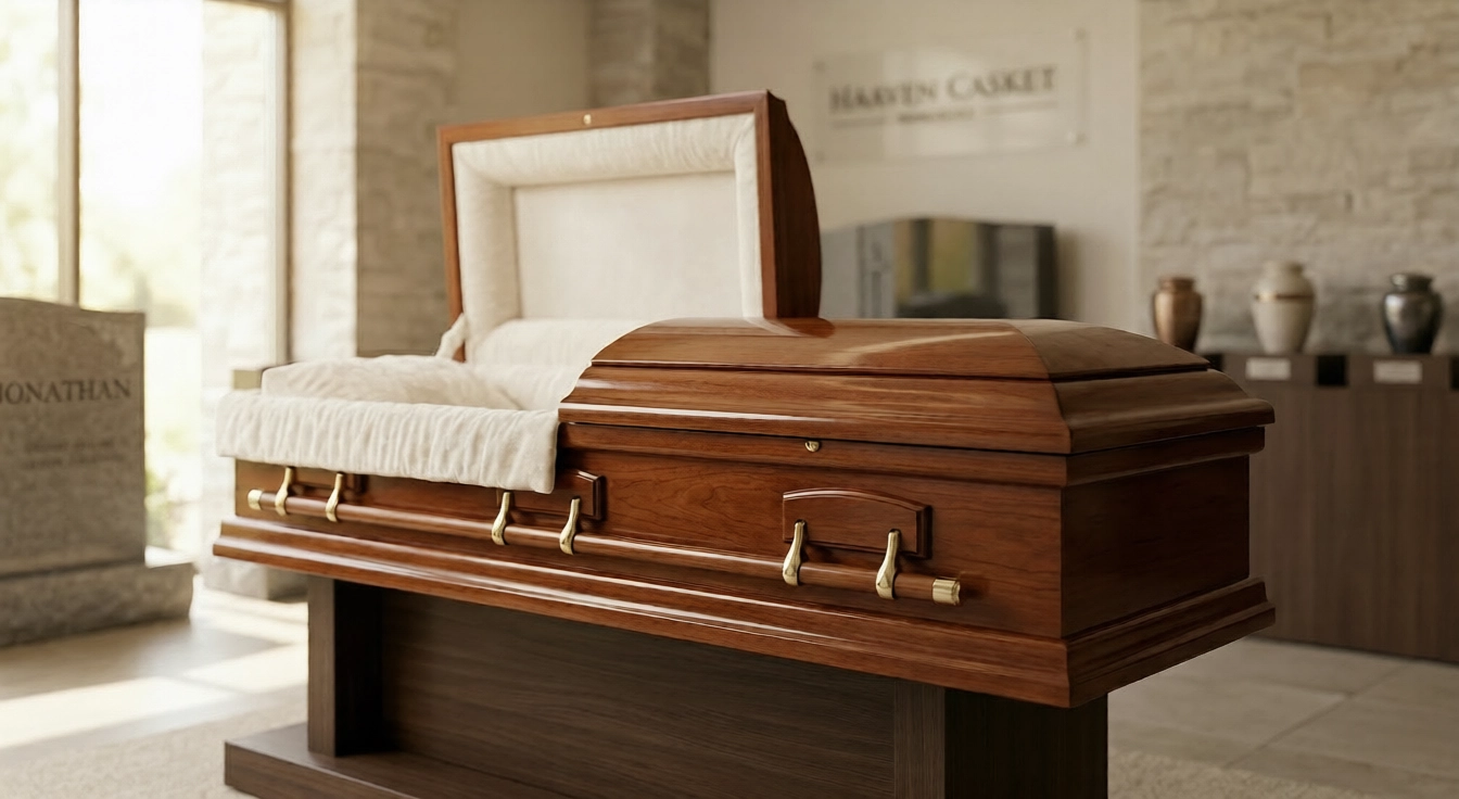 A premium polished solid wood casket with gold handles displayed in the Haven Casket Toronto showroom