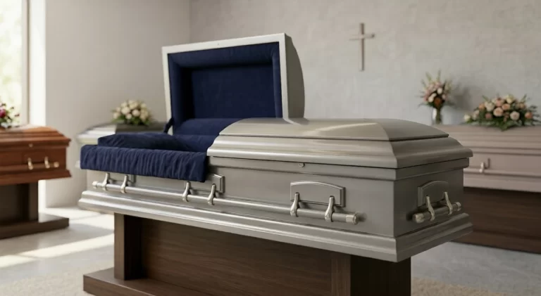 A polished silver-tone metal casket with a dark blue velvet lining at Haven Casket Toronto