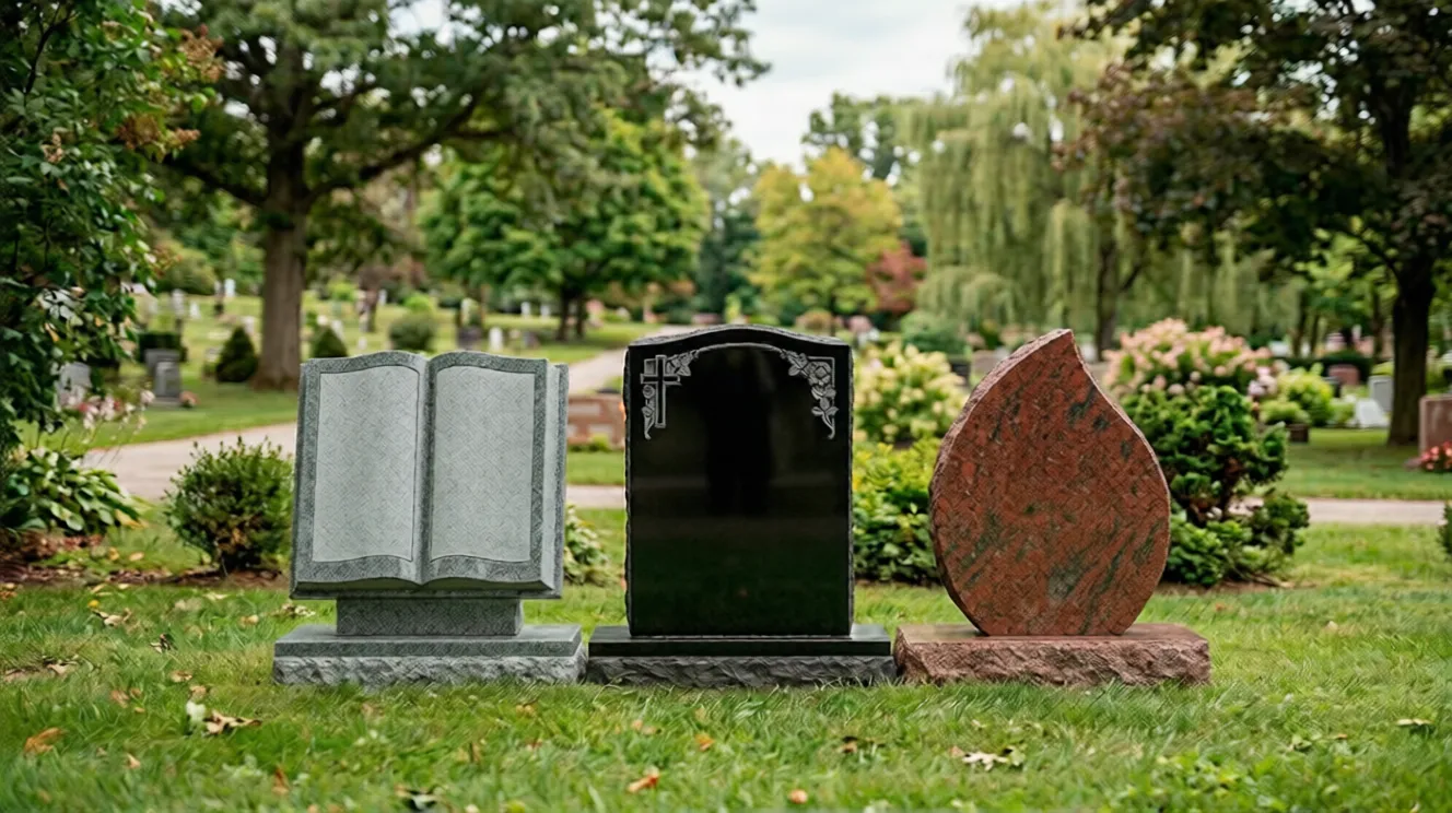 A collection of custom upright granite monuments and flat grave markers in a peaceful Toronto cemetery setting, by Haven Casket & Monument
