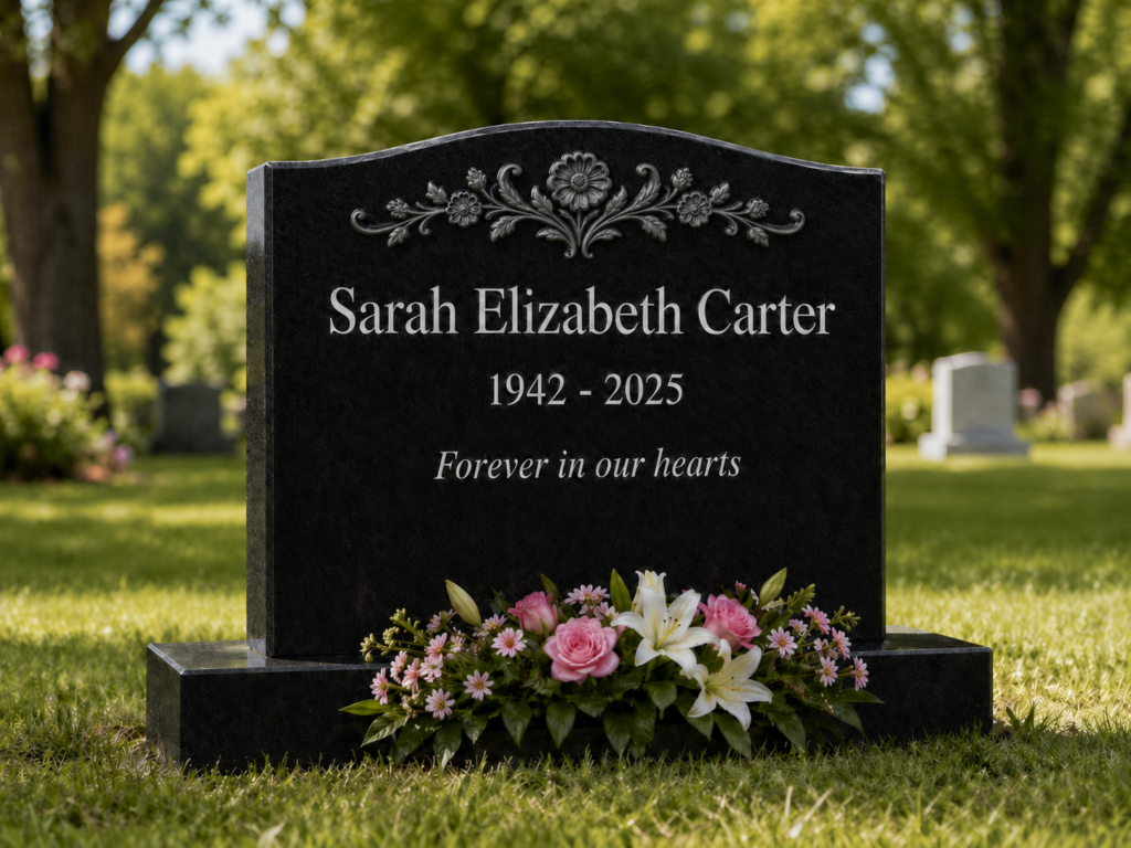 simple black granite headstone inscription with name dates and epitaph