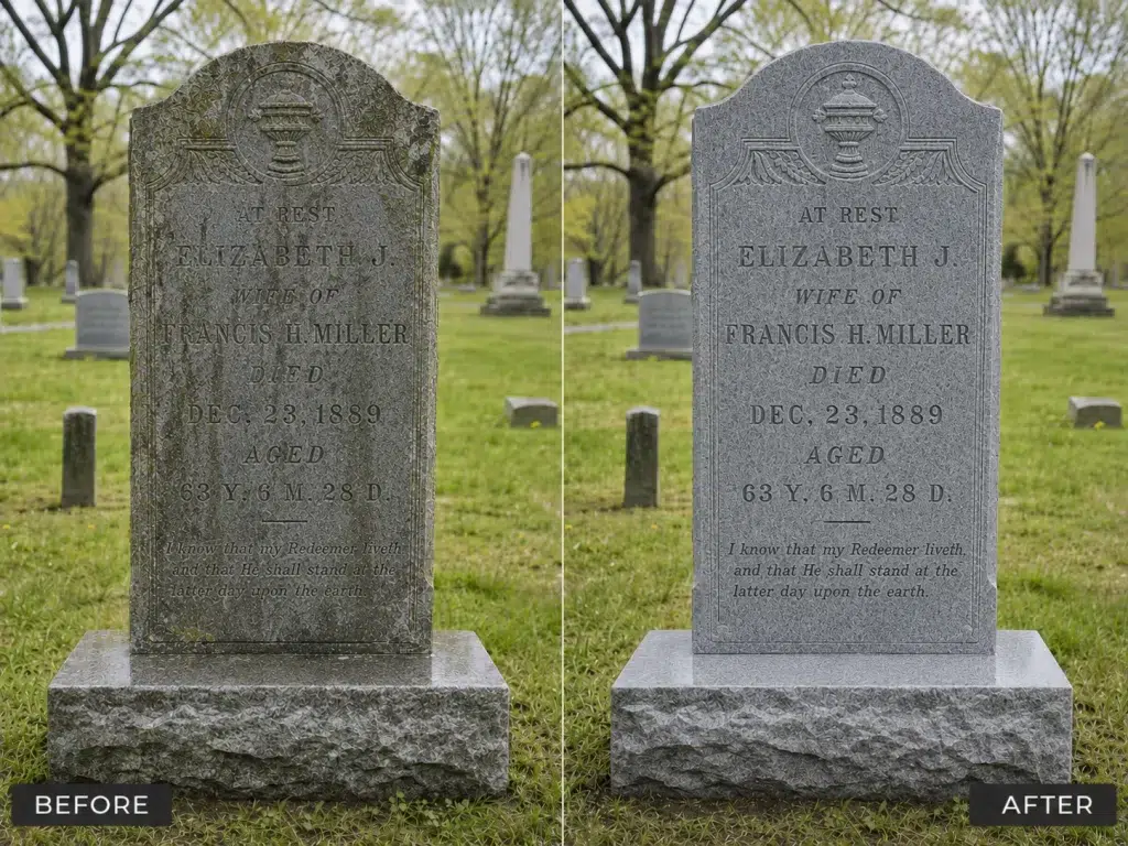 Before and after cemetery monument restoration showing an old weathered headstone cleaned and restored