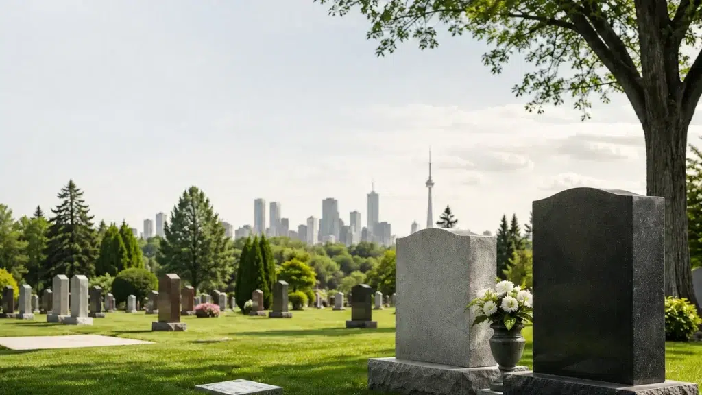 GTA cemetery with headstones and Toronto skyline