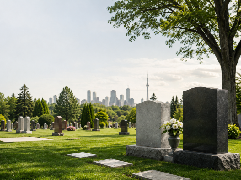 GTA cemetery with granite headstones, green lawn, mature trees, and the Toronto skyline in the distance.