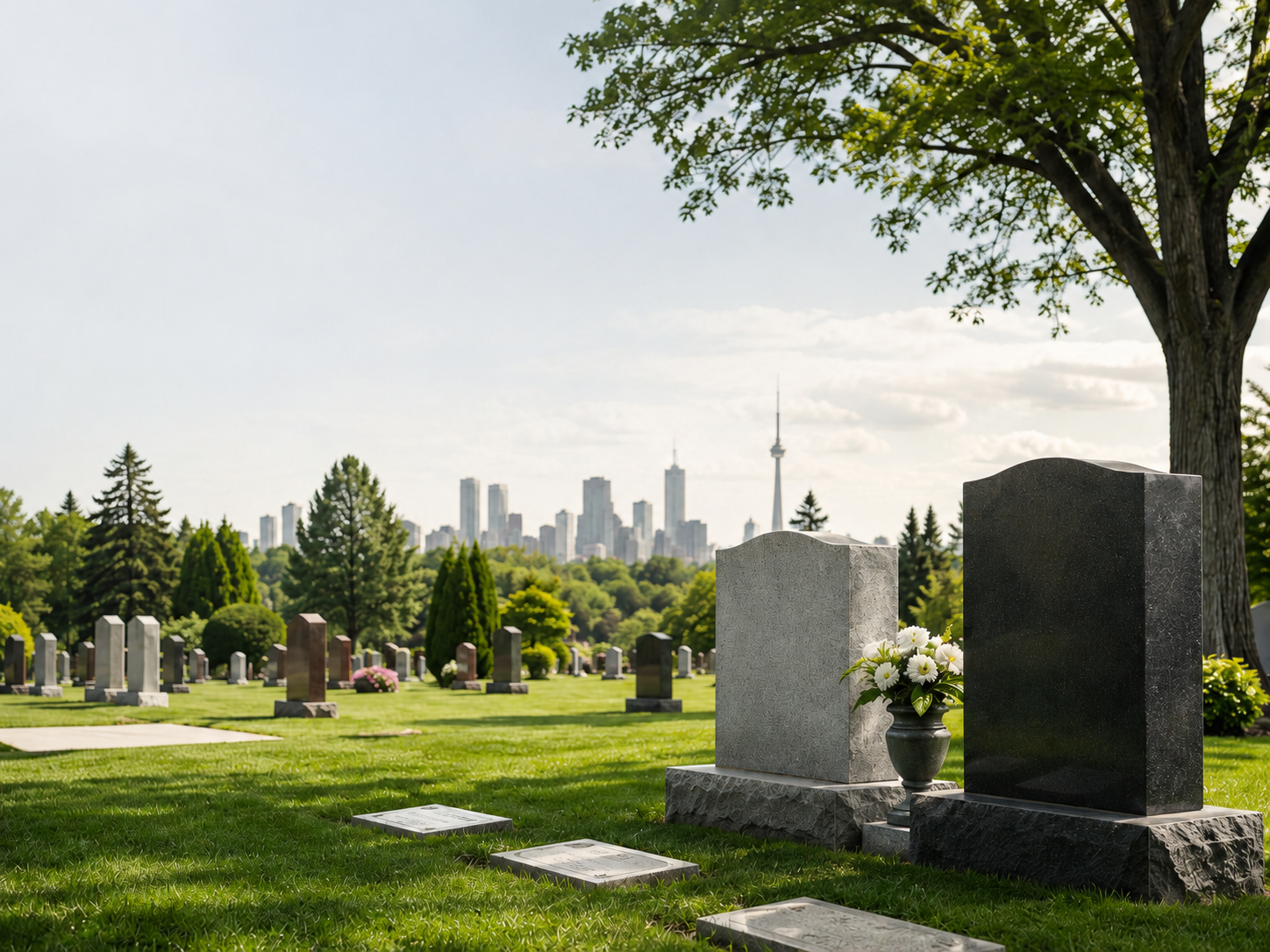 GTA cemetery with granite headstones, green lawn, mature trees, and the Toronto skyline in the distance.