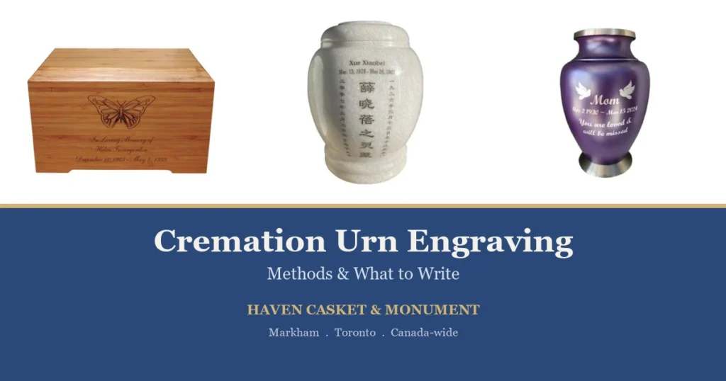 Real cremation urn engraving examples (wood, a marble urn with Chinese characters, and metal) by Haven Casket and Monument in Markham