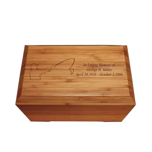 Wood cremation urn with a custom engraved lid inscription by Haven Casket and Monument