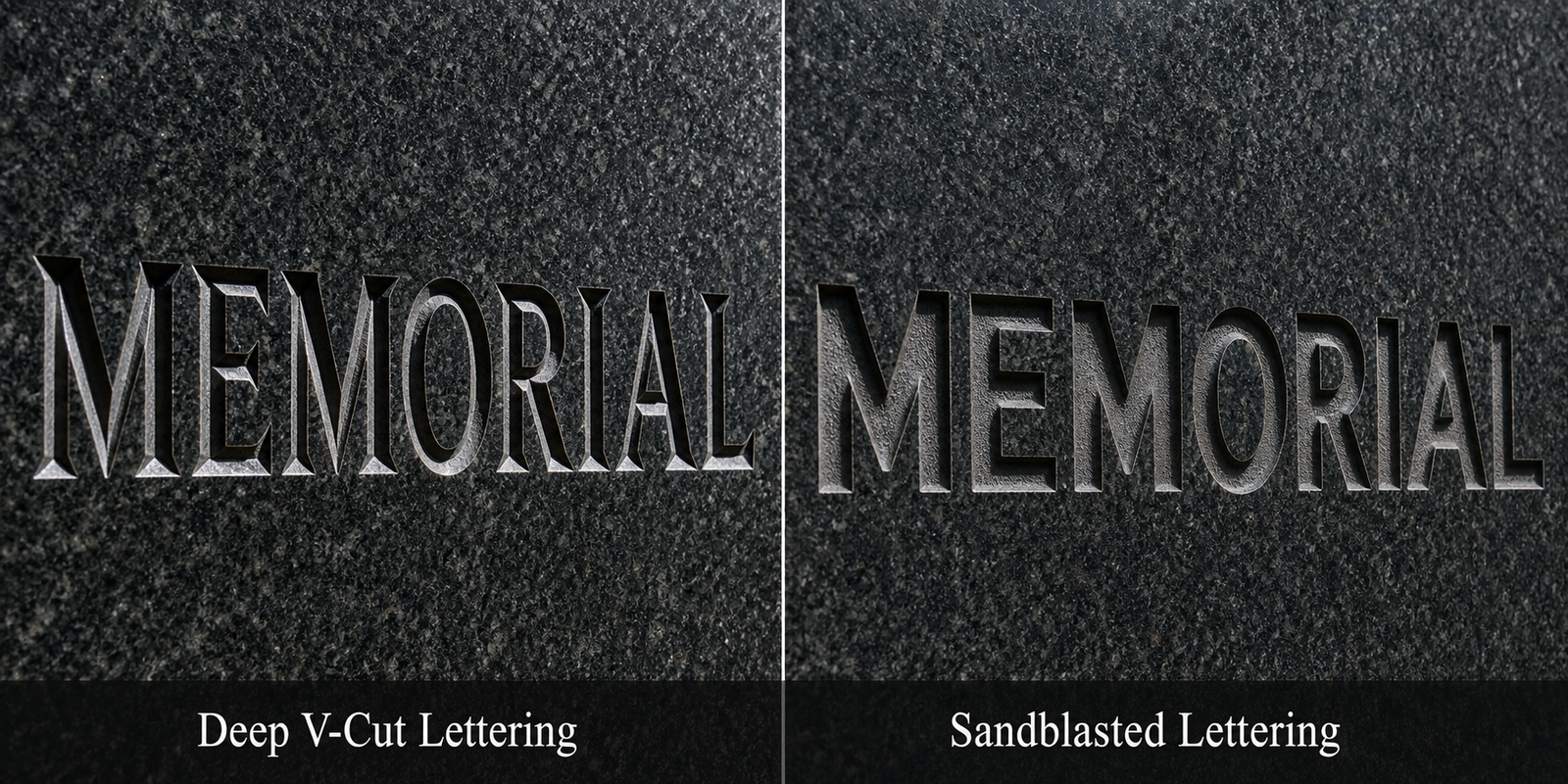Side-by-side comparison of deep V-cut lettering and sandblasted lettering on granite