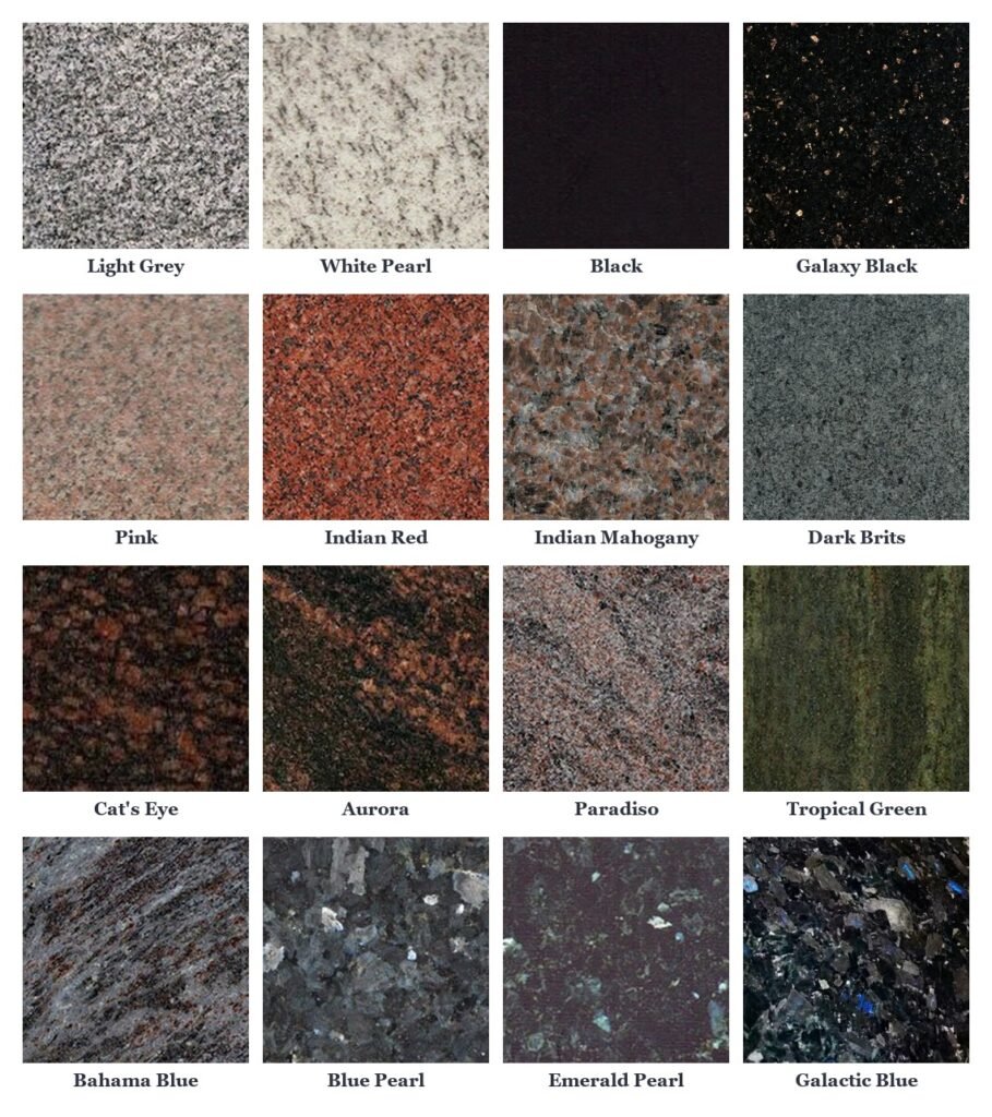 Chart of the sixteen granite headstone colours offered by Haven Casket, from light grey to Galactic Blue
