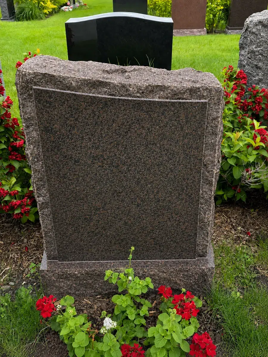 Indian Mahogany granite headstone with a rock-pitched border in a flower garden plot