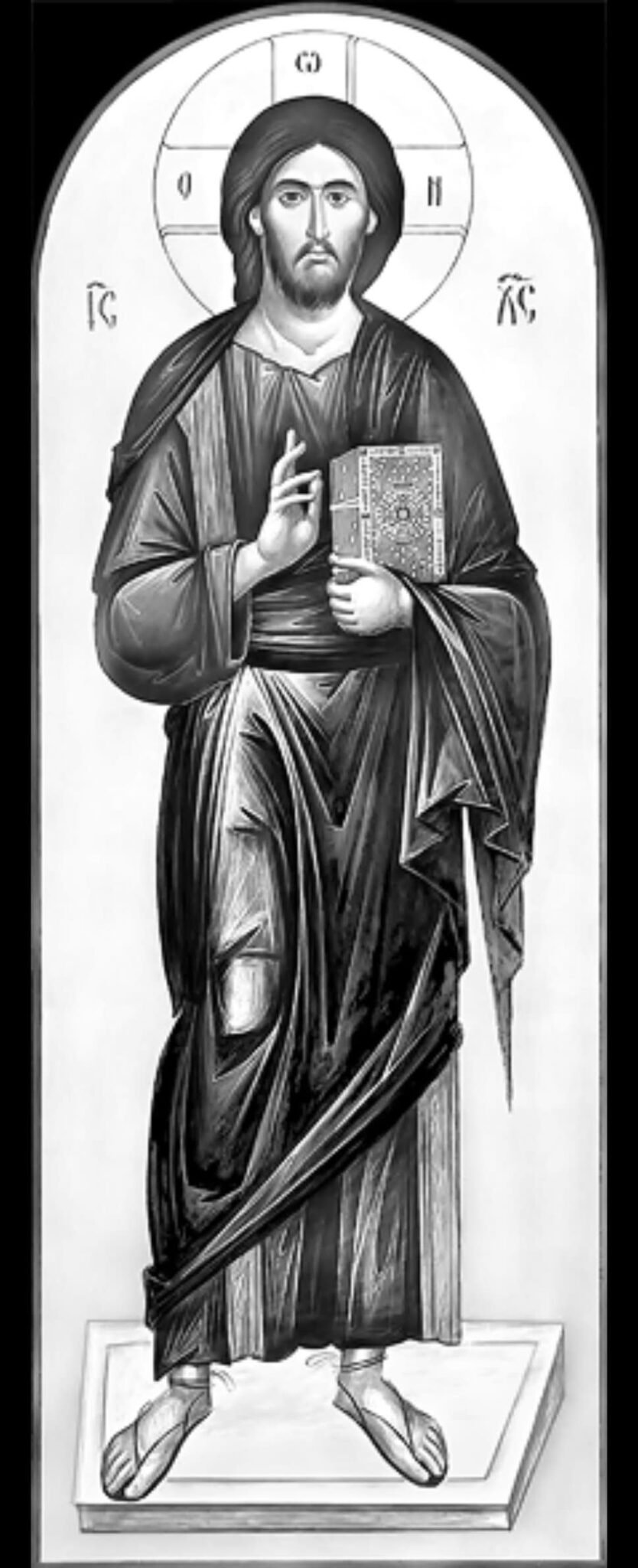 Grayscale conversion of the Christ icon, prepared for laser etching