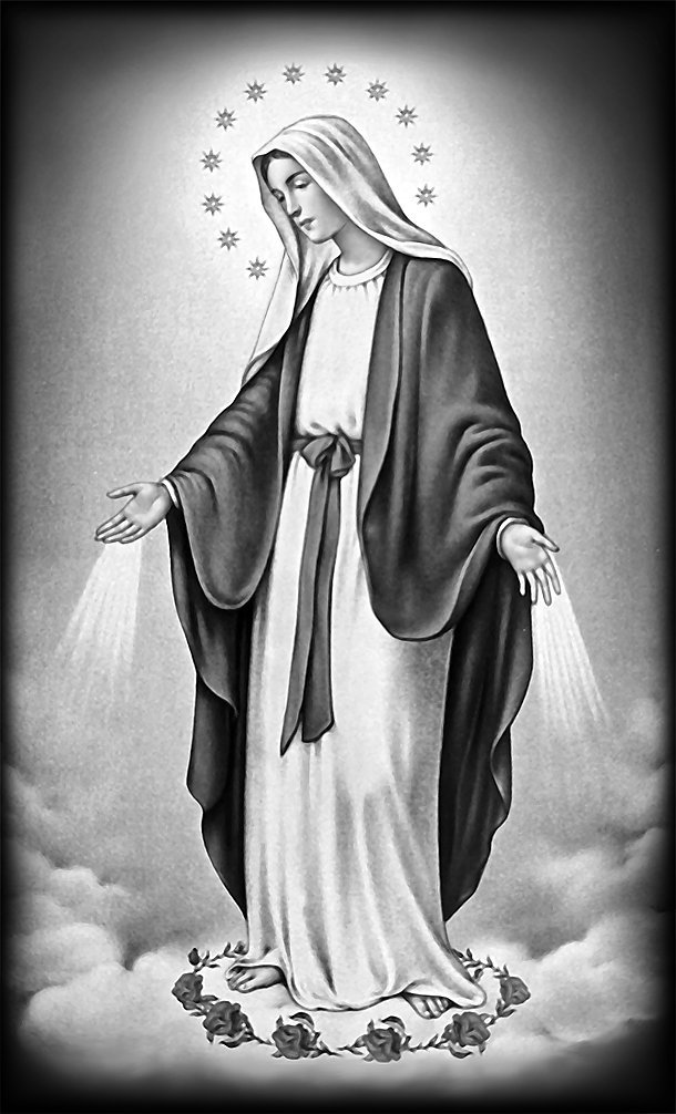 Grayscale conversion of the Virgin Mary portrait, prepared for laser etching
