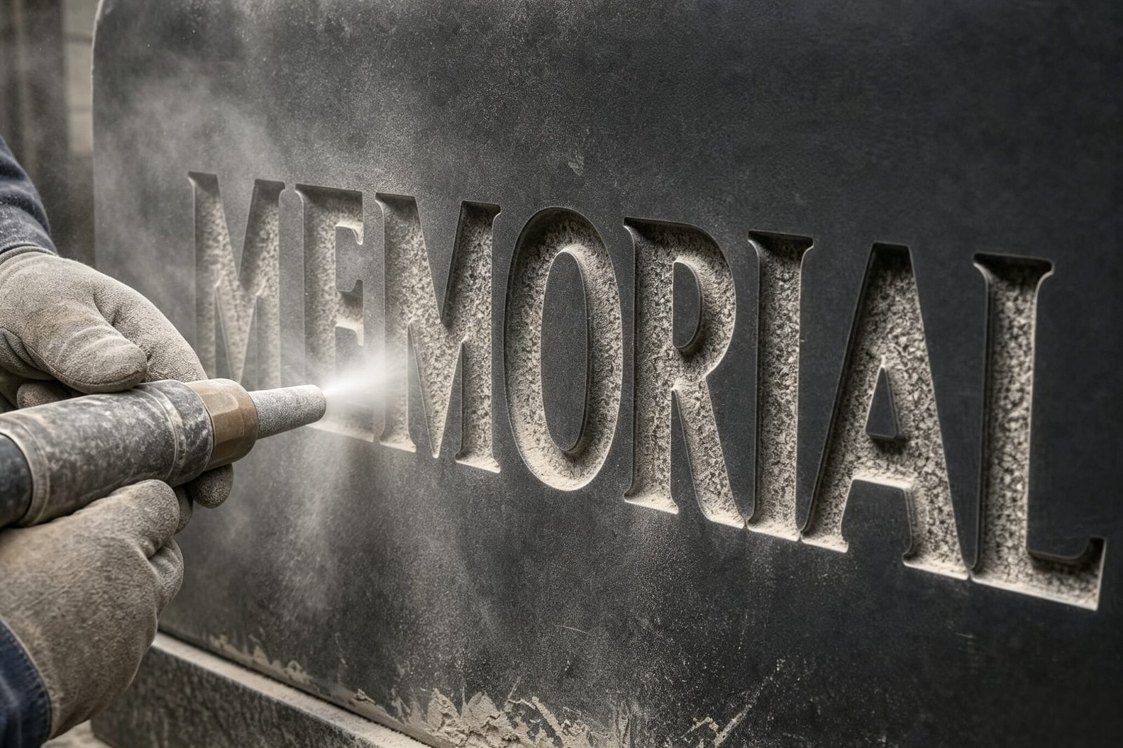 Sandblasting a granite headstone to cut deep lettering through a rubber stencil