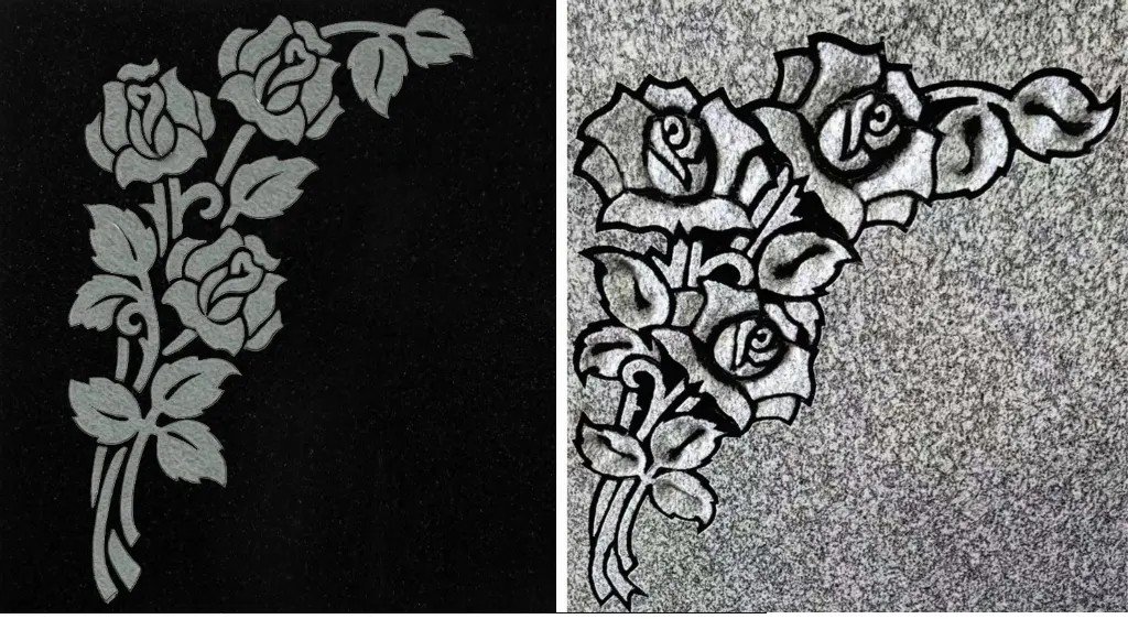 Flat carved roses on the left compared with shape carved, dimensional roses on the right