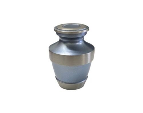 Blue-grey metal keepsake urn with a brushed silver band