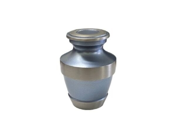 Blue-grey metal keepsake urn with a brushed silver band