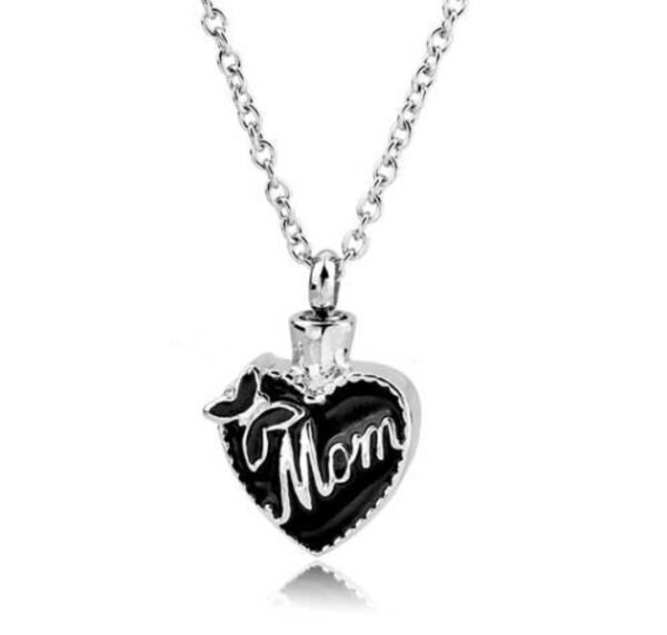 Stainless steel black heart cremation pendant engraved 'Mom' with a butterfly on a chain