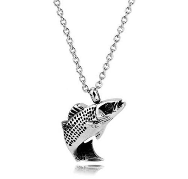 Stainless steel leaping bass fish cremation pendant on a chain