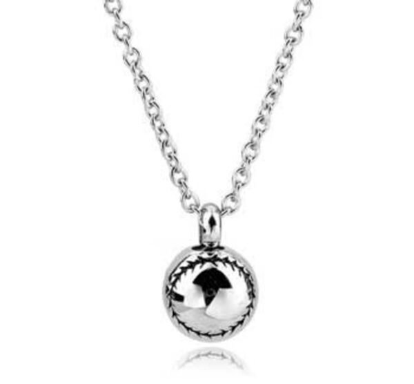 Stainless steel round cremation pendant with an engraved laurel border on a chain